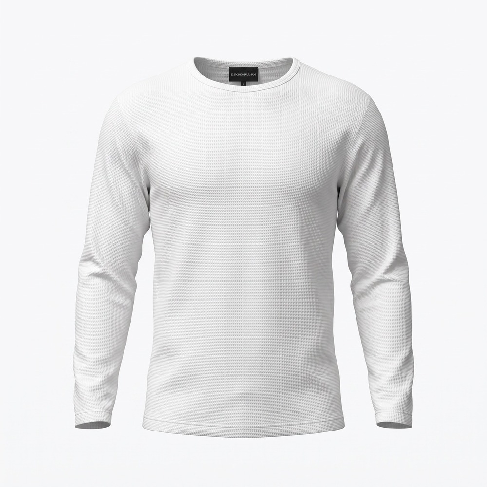 Emporio Armani Waffle Knit Thermal L White Long Sleeve Crew Neck Designer